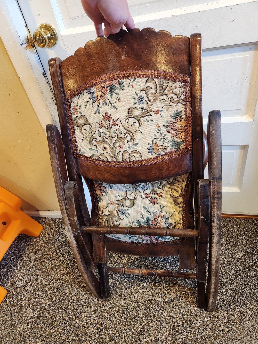 Antique Floral Upholstered Wooden Folding Rocking Chair - Brown - Picture 11 of 12